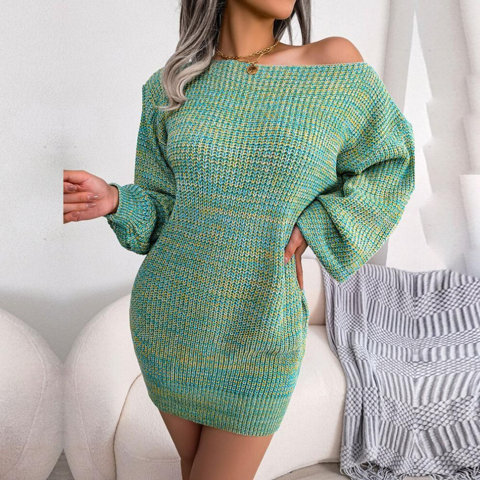 (blue, M) Women Autumn Winter Casual One Line Neck Off The Shoulder Colorful Lantern Sleeve Knitted Sweater Dress S-l