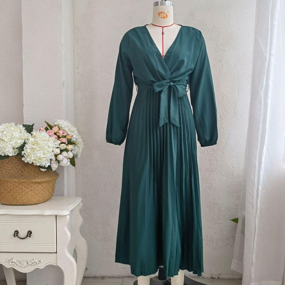 (green, XXL) Women Spring Summer Temperament Cross Solid Color V Neck Large Hem Pleated Long Dress