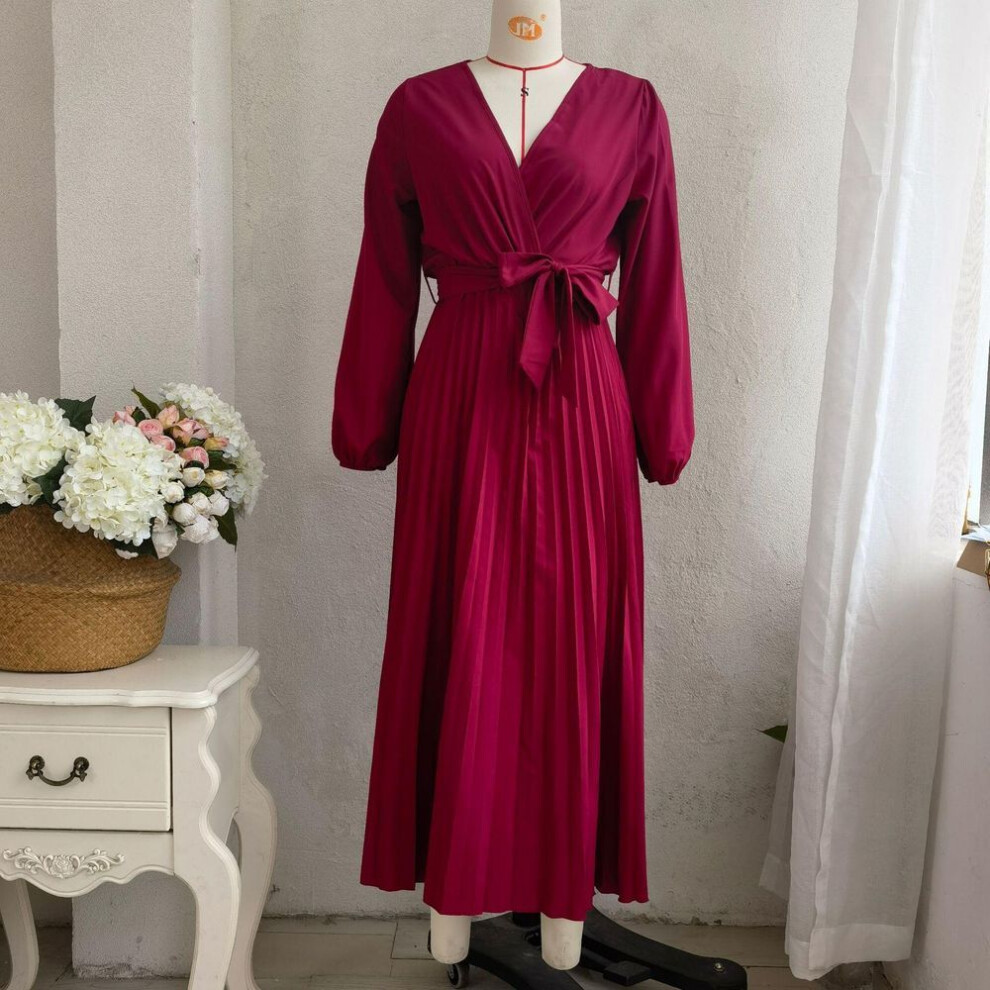 (red, XXXL) Women Spring Summer Temperament Cross Solid Color V Neck Large Hem Pleated Long Dress