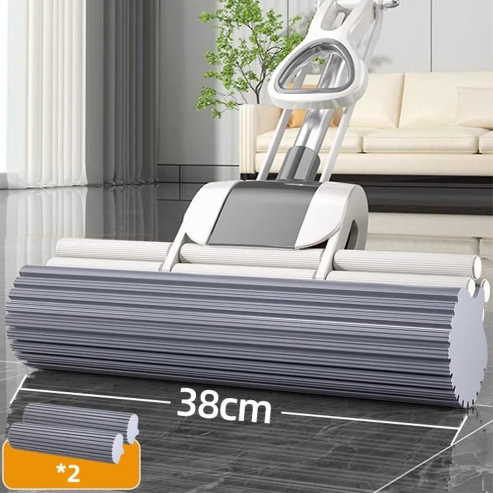 (white, 38cm 2 head) Sponge Mop System With Collapsible Mop Home Tile Floor Bathroom Cleaning Squeegee And Extendable Telescopic Long Handle