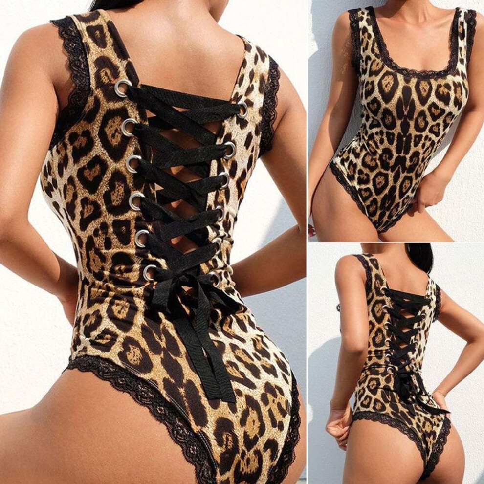 (leopard print, M) Women Sexy Lace Leopard Bodysuit Sleeveless Ladies Strap Back Lace Up Bandage Skinny Jumpsuit Female