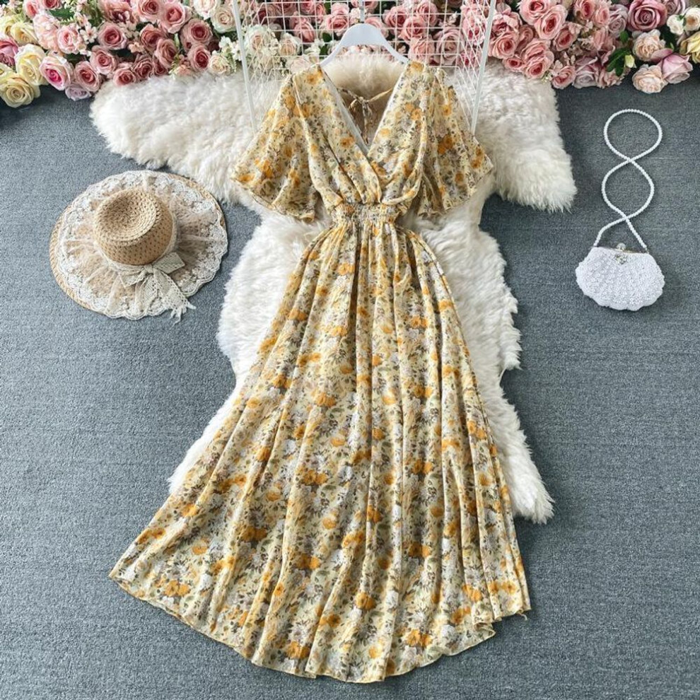 (as the picture, OneSize) Women Summer Floral V Neck Short Sleeve High Waist Ruched A Line Long Dress