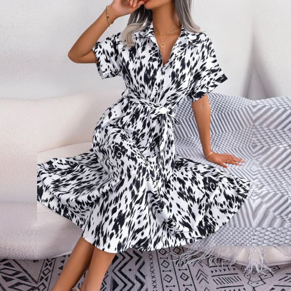 (white, L) Women Summer Loose Leopard Lace Up Single Breasted Shirt Dress