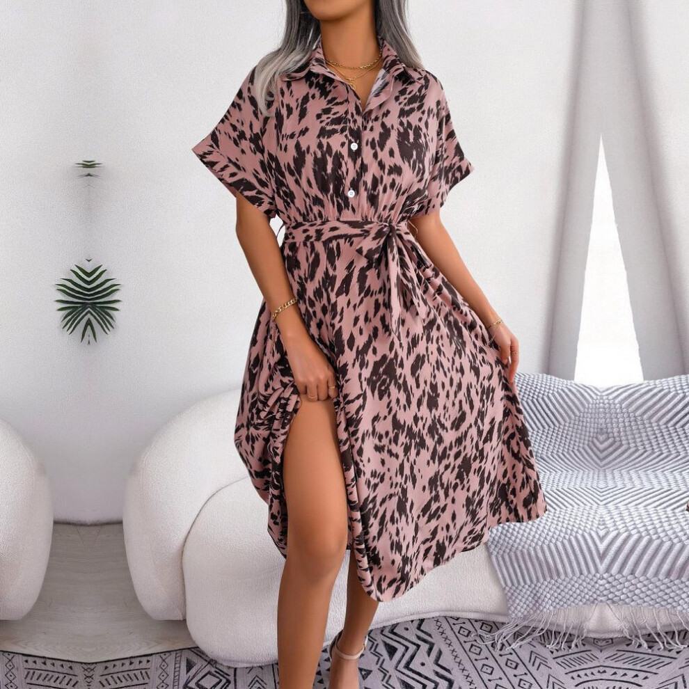 (pink, XXXL) Women Summer Loose Leopard Lace Up Single Breasted Shirt Dress