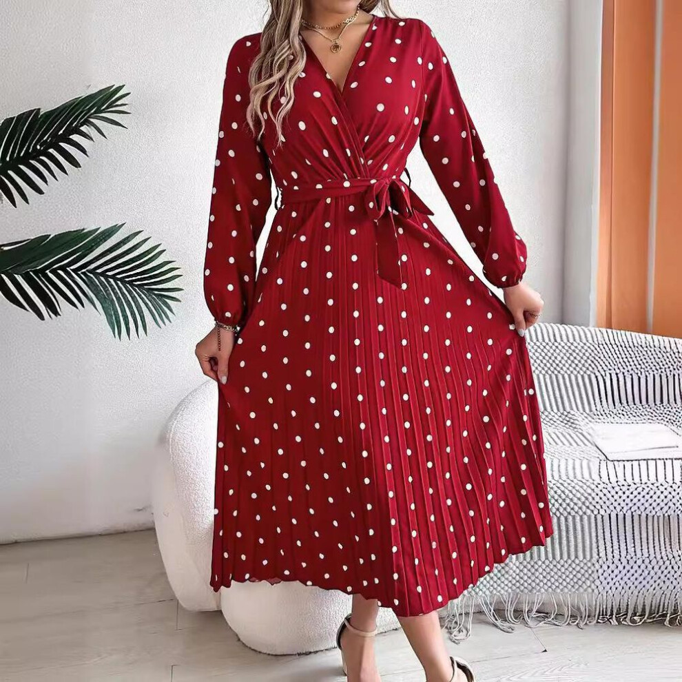 (burgundy, XL) Autumn Winter Women Long Sleeve Dot Pleated High Waist A Line Long Dress