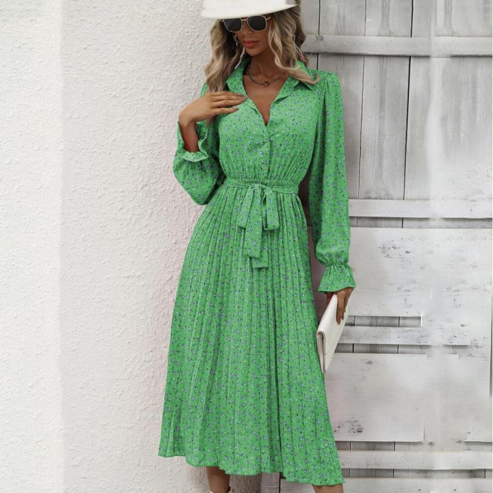 (green, XL) Women Autumn Winter Long Sleeve Flower Print V-neck Casual A-Line Ankle-Length High Waist Dress