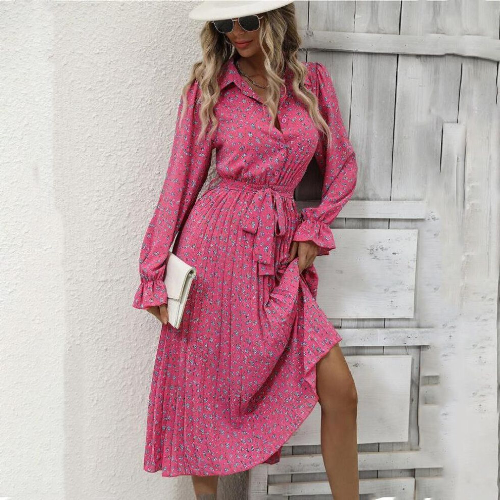 (rose red, M) Women Autumn Winter Long Sleeve Flower Print V-neck Casual A-Line Ankle-Length High Waist Dress