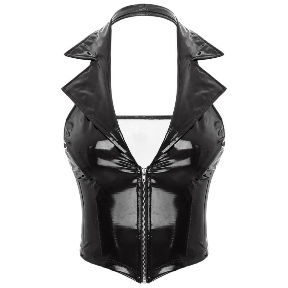 (M, black) Women&apos;s Pu Leather Crop Top Slim Fit Vest Tank Top Backless Camisole Shirt Tops