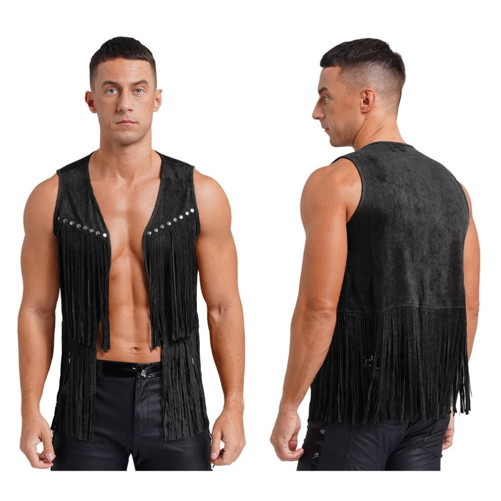 (XXL, black) Mens Western Cowboy Vintage Faux Suede Tassel Vest Tops Open Front Rivets Fringe Waistcoat Jacket Festival Rave Party Clubwear