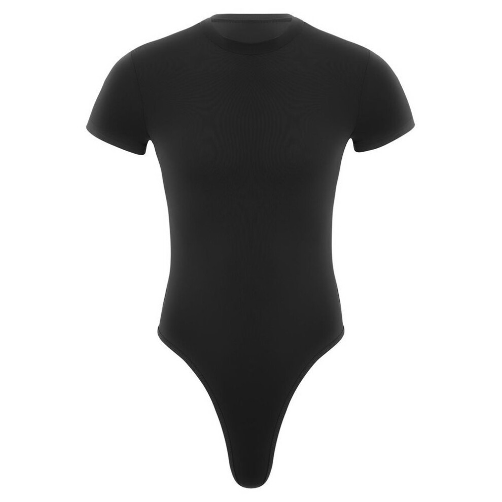 (L, black) Men&apos;s One Piece Thongs Bodysuit Short Sleeve Button Crotch Shirt Leotard Snappies Rompers Jumpsuit