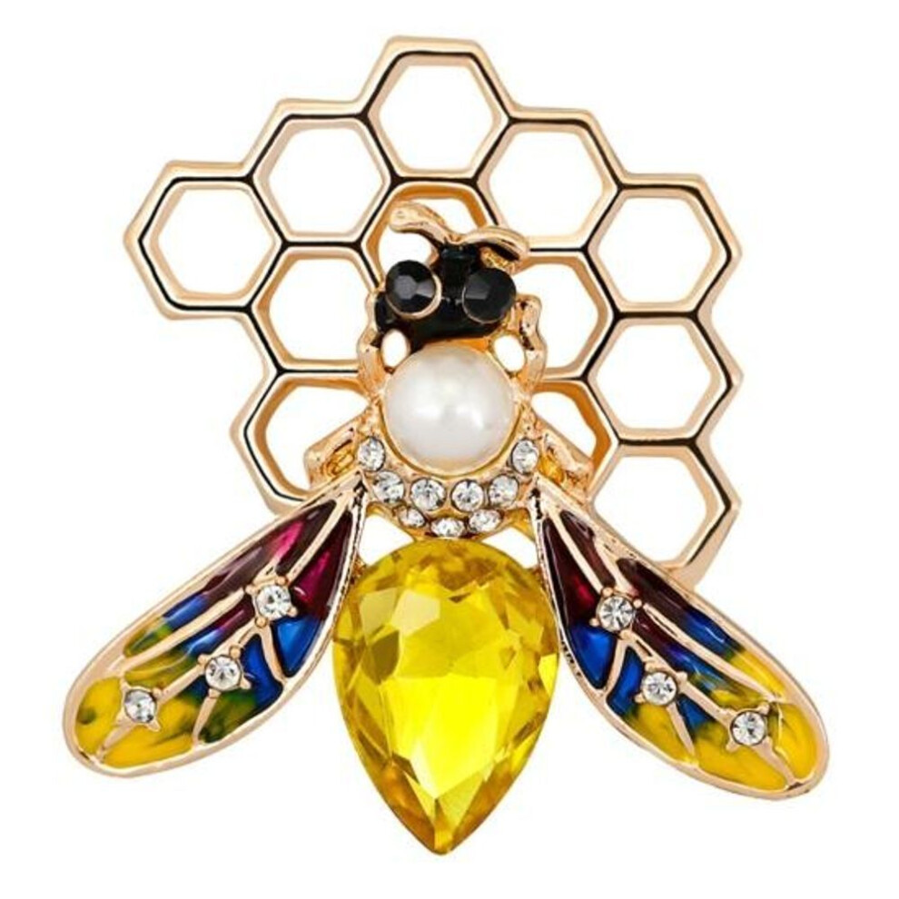 (yellow) Bee Brooch Rhinestone Decor Bee Honeycomb Shape Colorful Hollow Out Anti-rust Colorfast Collar Sweater Bag Hat Decoration Jewelry
