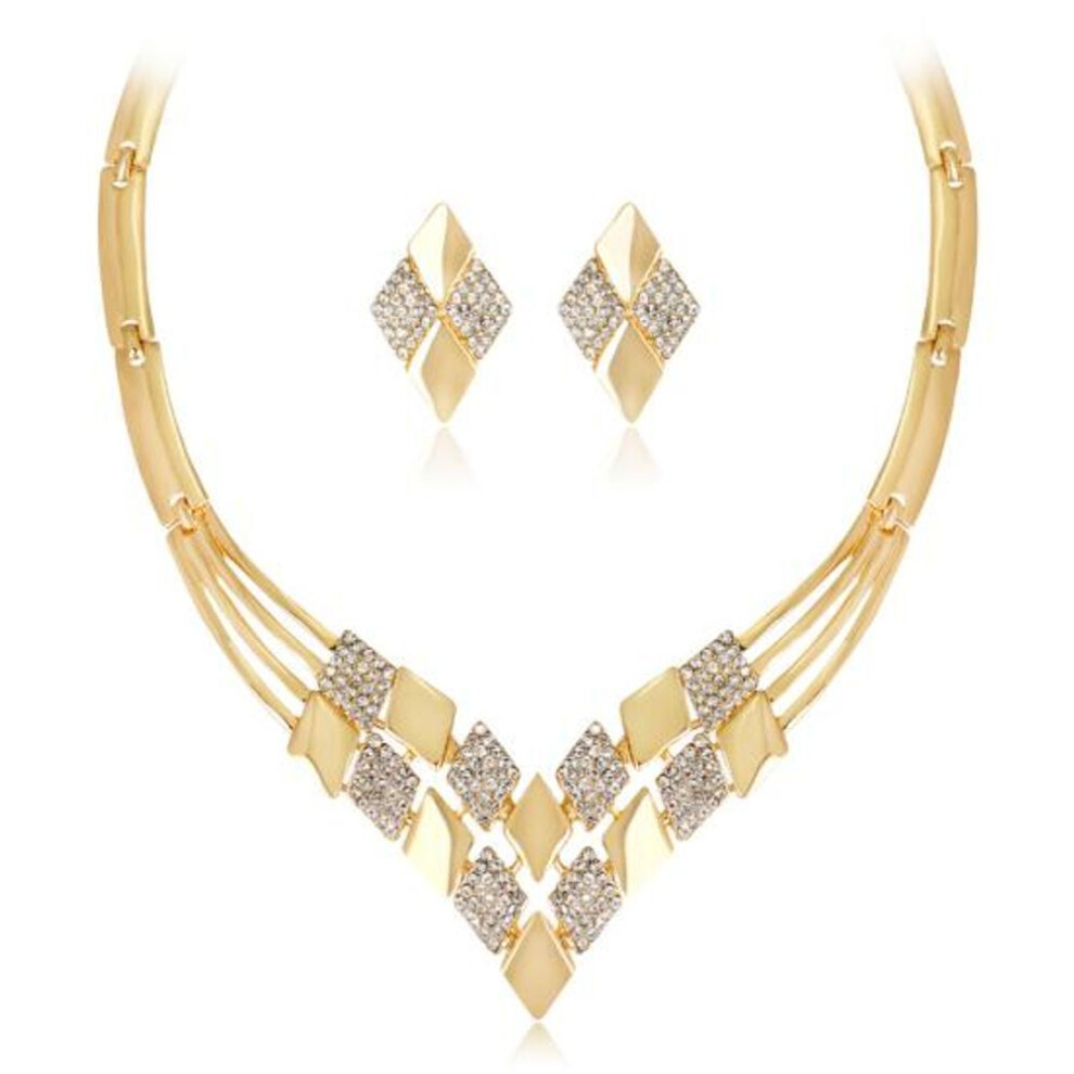 (as the picture) Women KC Gold Plated Rhombus Shape Necklace Earrings Rhinestones Jewelry Set
