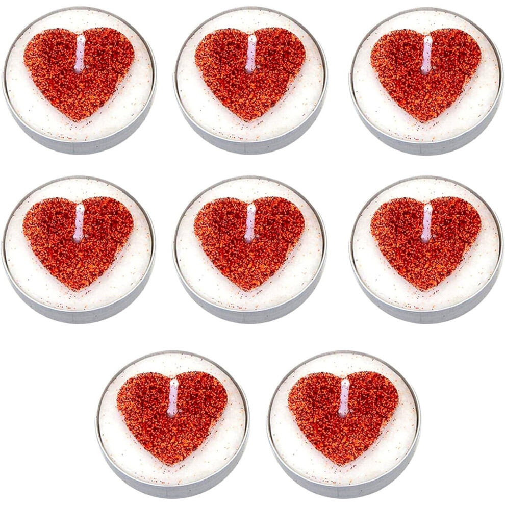 Set of 8 Red Glitter Love Heart Tea Light Candles Valentines Day Gift