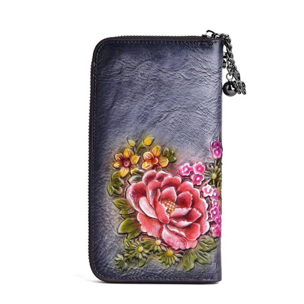 (navy blue) Retro Women Purse Genuine Leather Long Zipper Wallet Card Holder Handmade Embossed Clutch Bags