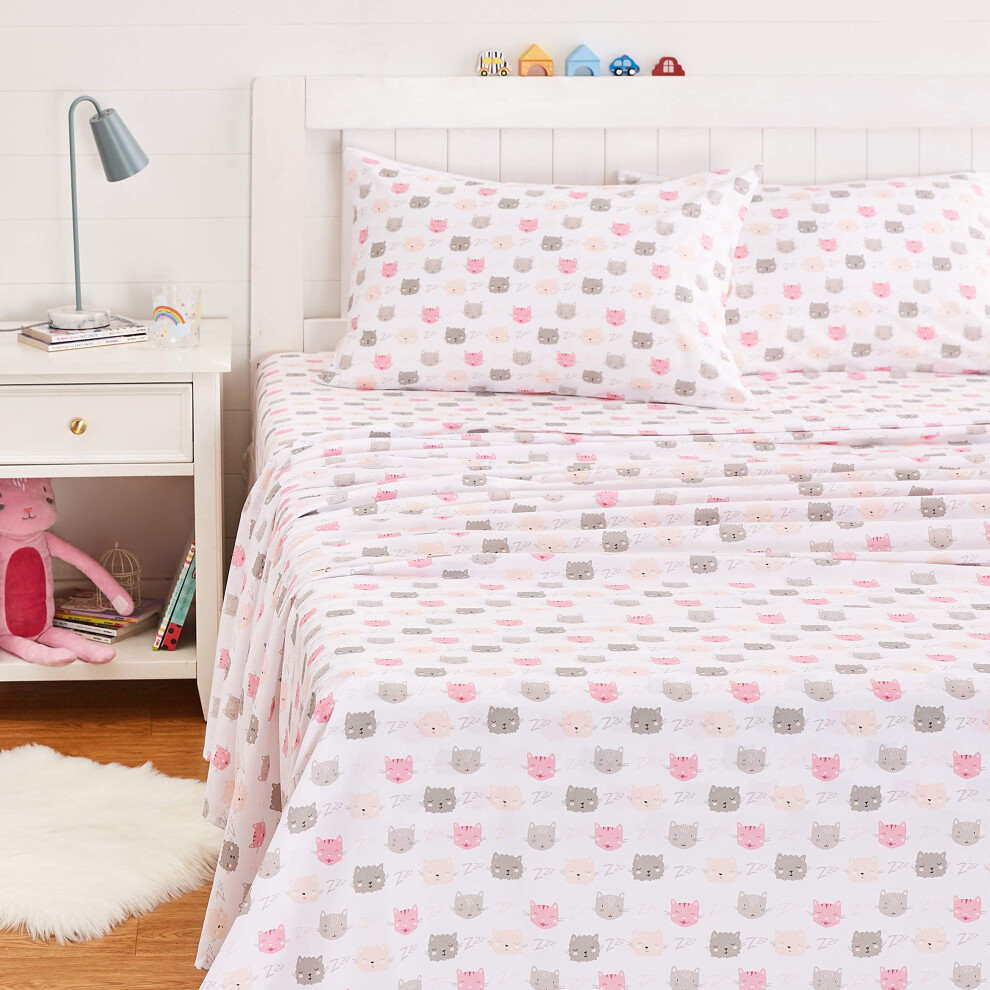 Amazon Basics - 4 Piece Kid's Soft Easy-Wash Lightweight Microfiber Sheet Set, Full, Pink Kitties, Animal Print