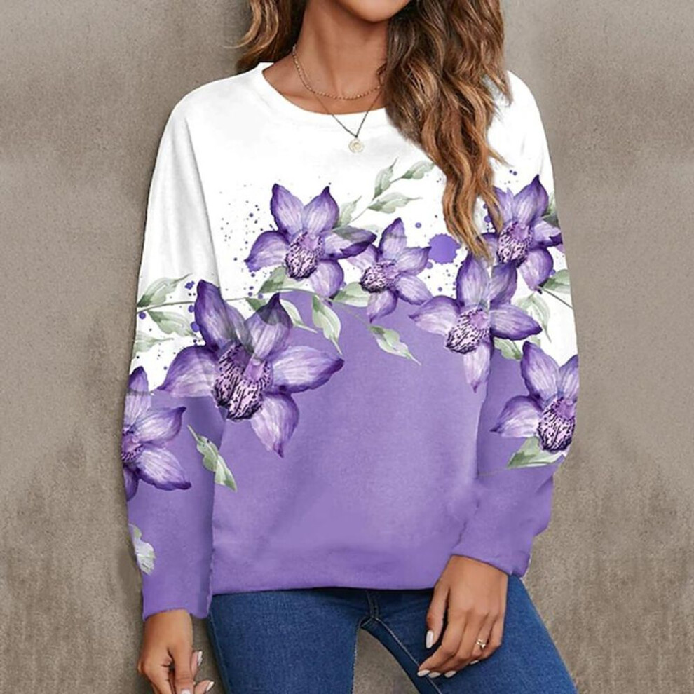 (3XL, purple) Women Autumn Tops Loose Cat Blooming Flowers Print Causal Long Sleeve T-shirt Top Blouse