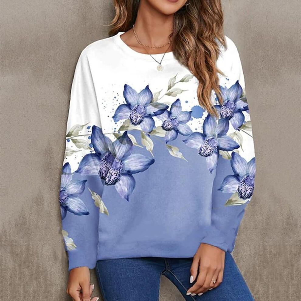 (5XL, blue) Women Autumn Tops Loose Cat Blooming Flowers Print Causal Long Sleeve T-shirt Top Blouse
