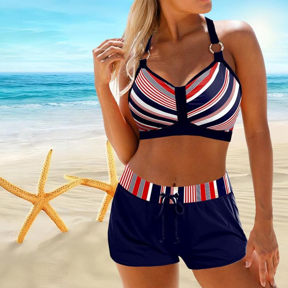 (2XL, navy blue) Women&apos;s Shoulder Strap Swimsuit With Multi-color Striped Printed Bikini Short Tank Top Swimsuit