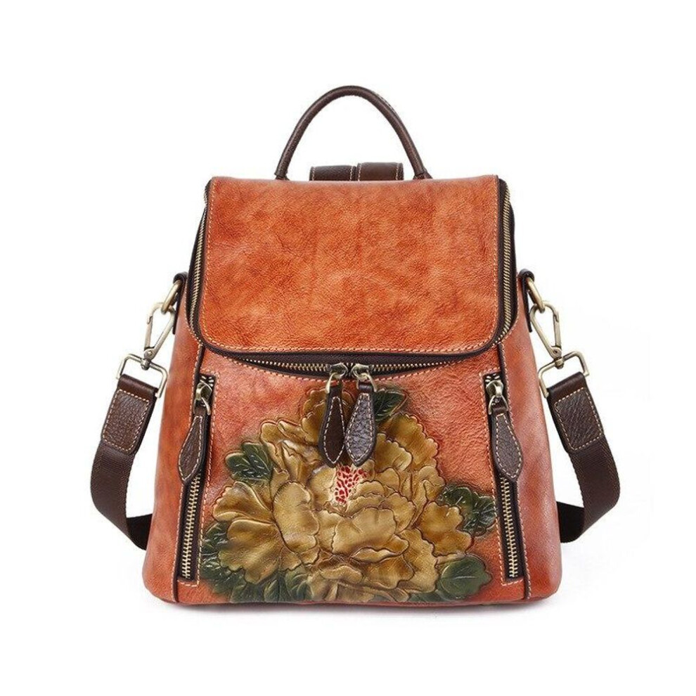(brown) Johnature Retro Genuine Leather Floral High Quality Women Luxury Backpack Large Capacity Cowhide Travel Backpack