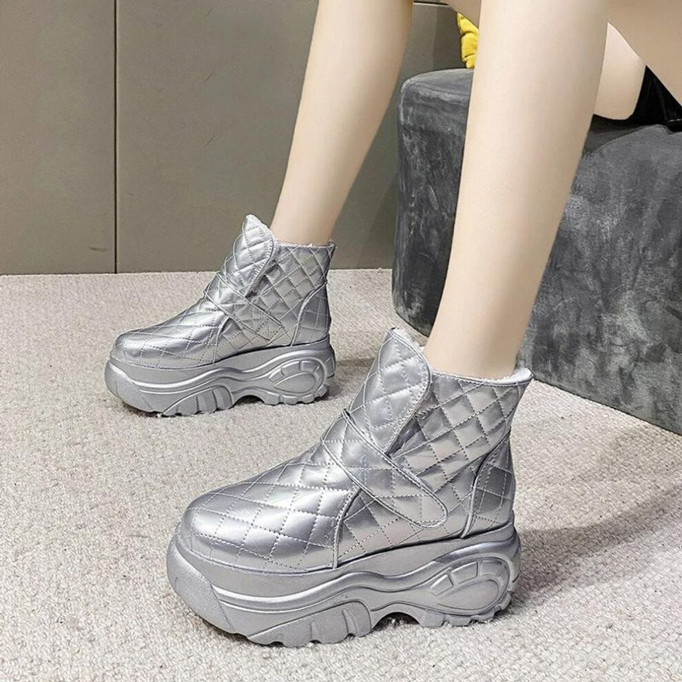 (silver, 40) Platform Boots For Women Winter Shoes Black White Silver Patent Leather Snow Boots Ankle Booties Warm Chunky Flat Boots