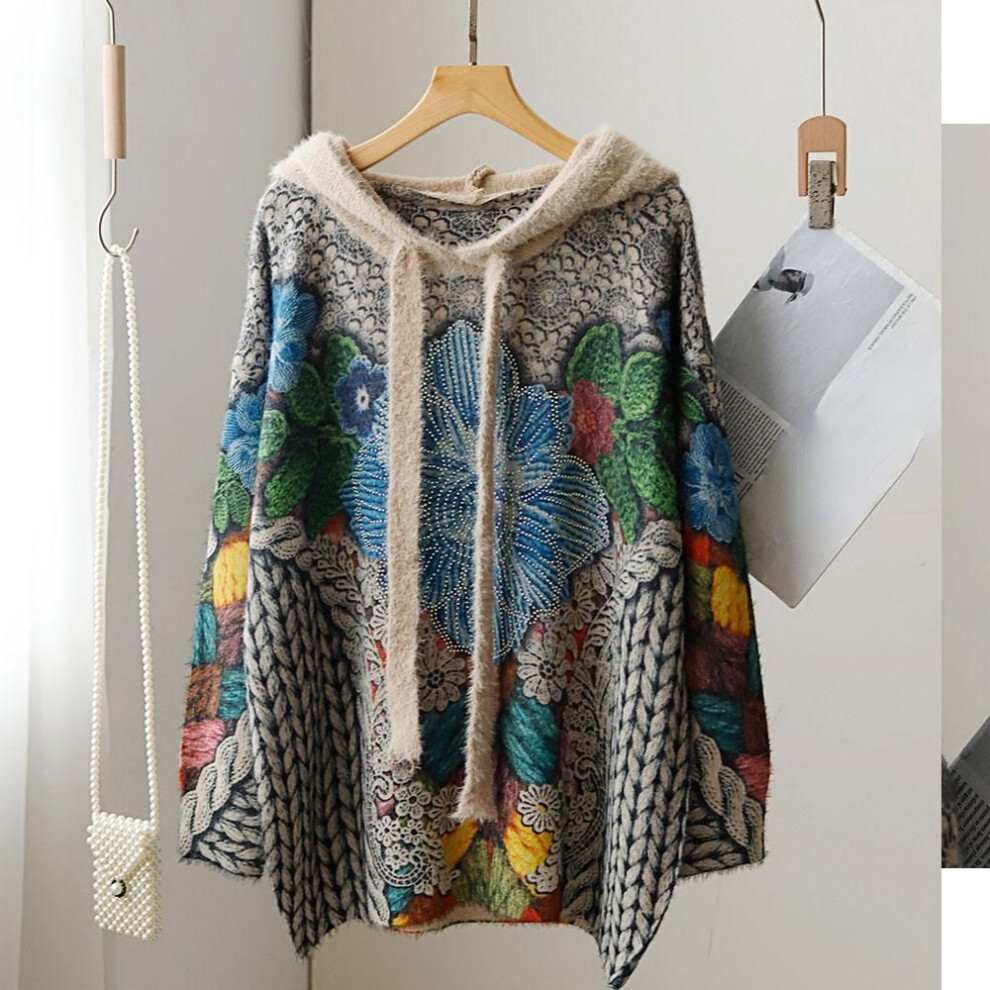 (One Size, as the picture) Dimanaf Plus Size Winter Sweaters Oversize Women Sweaters Pullover Full Sleeve Hat Knitting Loose Pattern Printing Sweater