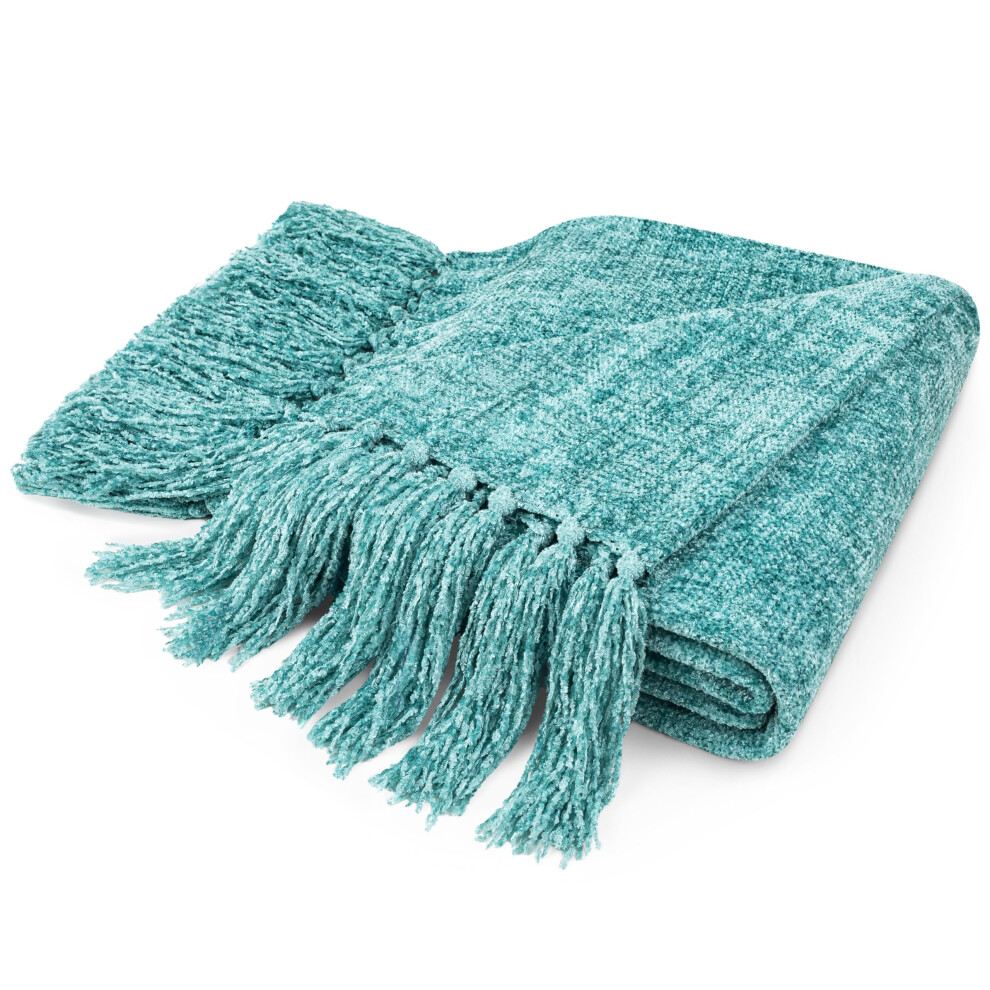 PAVILIA Couverture en chenille vert sarcelle pour canapé-lit double, couverture en tricot doux tissé turquoise avec pompon, couverture texturée d