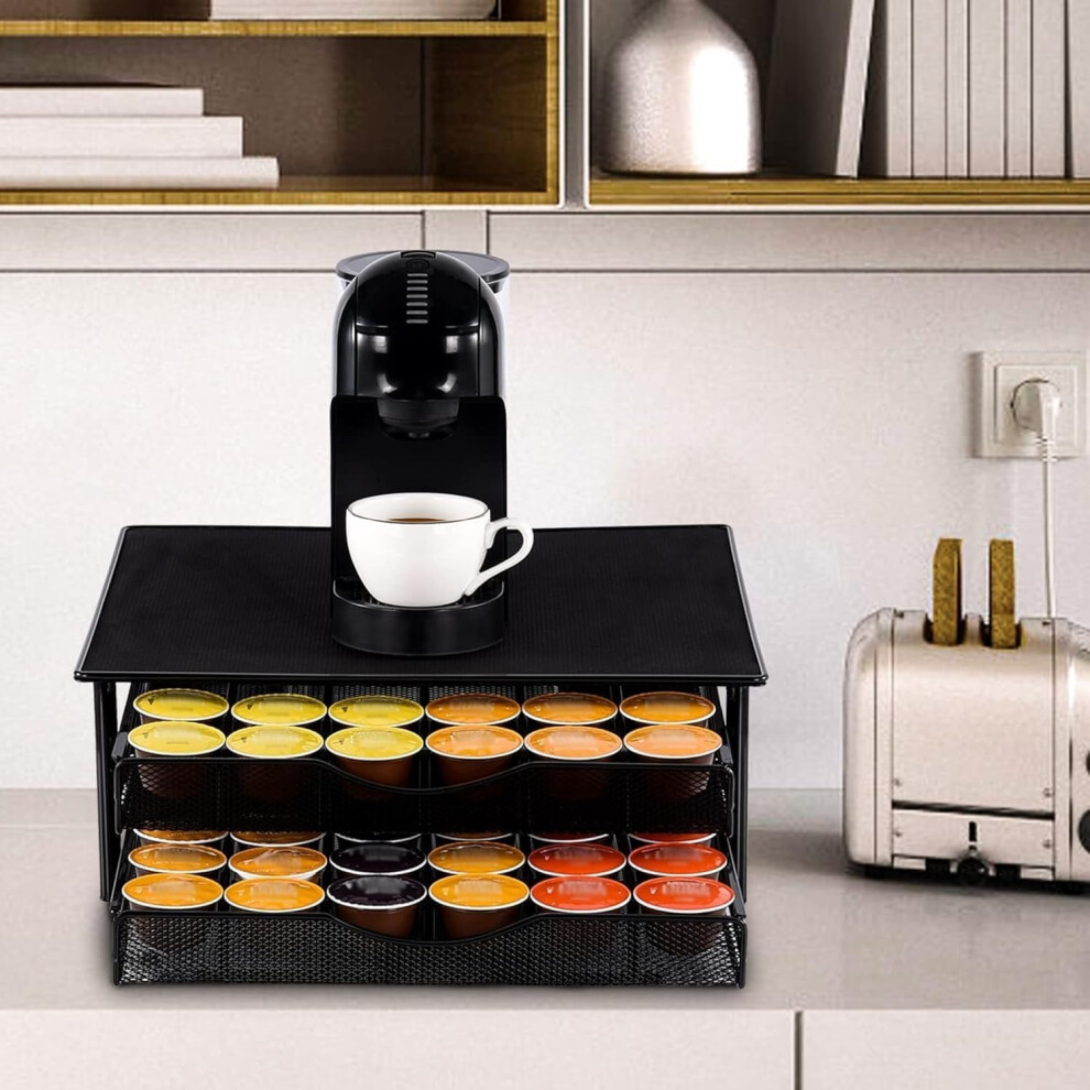 2 Tier Coffee Machine Stand with 72 Capsule Pod Double Drawer Holder Storage Drawer for Nespresso & Dolce Gusto Capsules Space Saving Non Slip