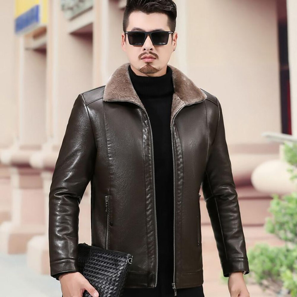 (brown, XXL) Genuine Leather Jacket For Men With Thickened Lapels And Fattened Fur One-piece Plus Velvet Jacket For Winter