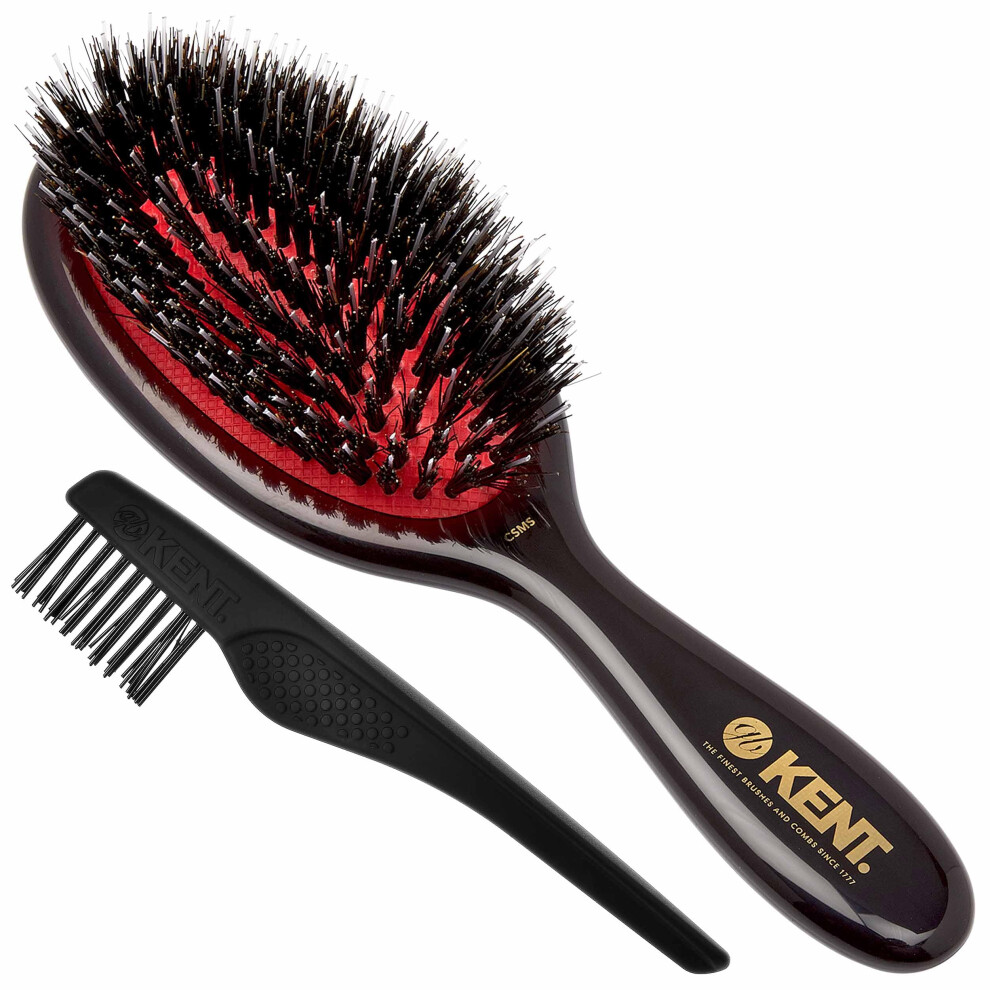 Kent CSMS Classic Shine Small Oval Cushion Straightening Brush - Natural Black Boar Bristle Hair Brush With Nylon Quills - Shine Hair Brush And Scalp