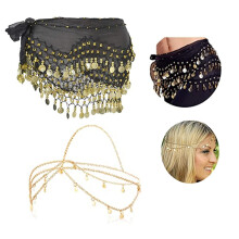 XHBTS Multi-Row Gold Coins Belly Dance Wrap & Hip Scarf, Gold Sequins Head Chain Jewelry Festival Halloween Prom Costume Hair Accessories Headbands He