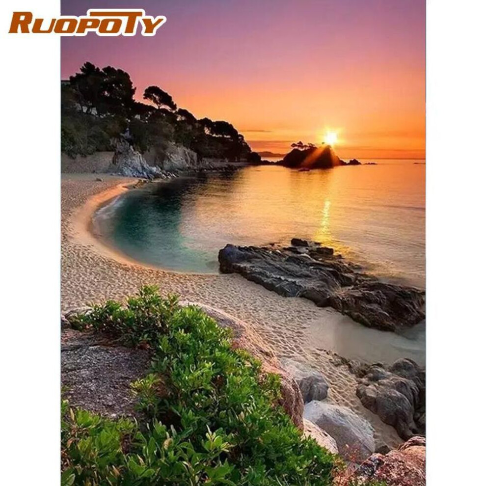 (40x50CM NO Frame) Ruopoty Frame Diy Painting By Numbers Sunset Seaside Acrylic Canvas Painting Landscape Modern Wall Art Picture Diy Gift