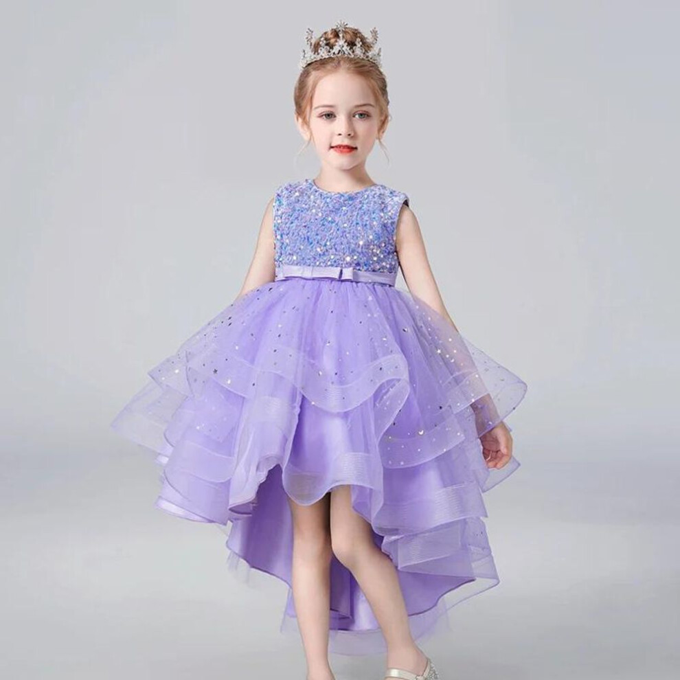 (purple, 120) 2024 New Hot Style Summer Sequin Lace Tuxedo Party Wedding Dress For Girls 3-13 Years  Sleeveless Fluffy Mesh Gauze