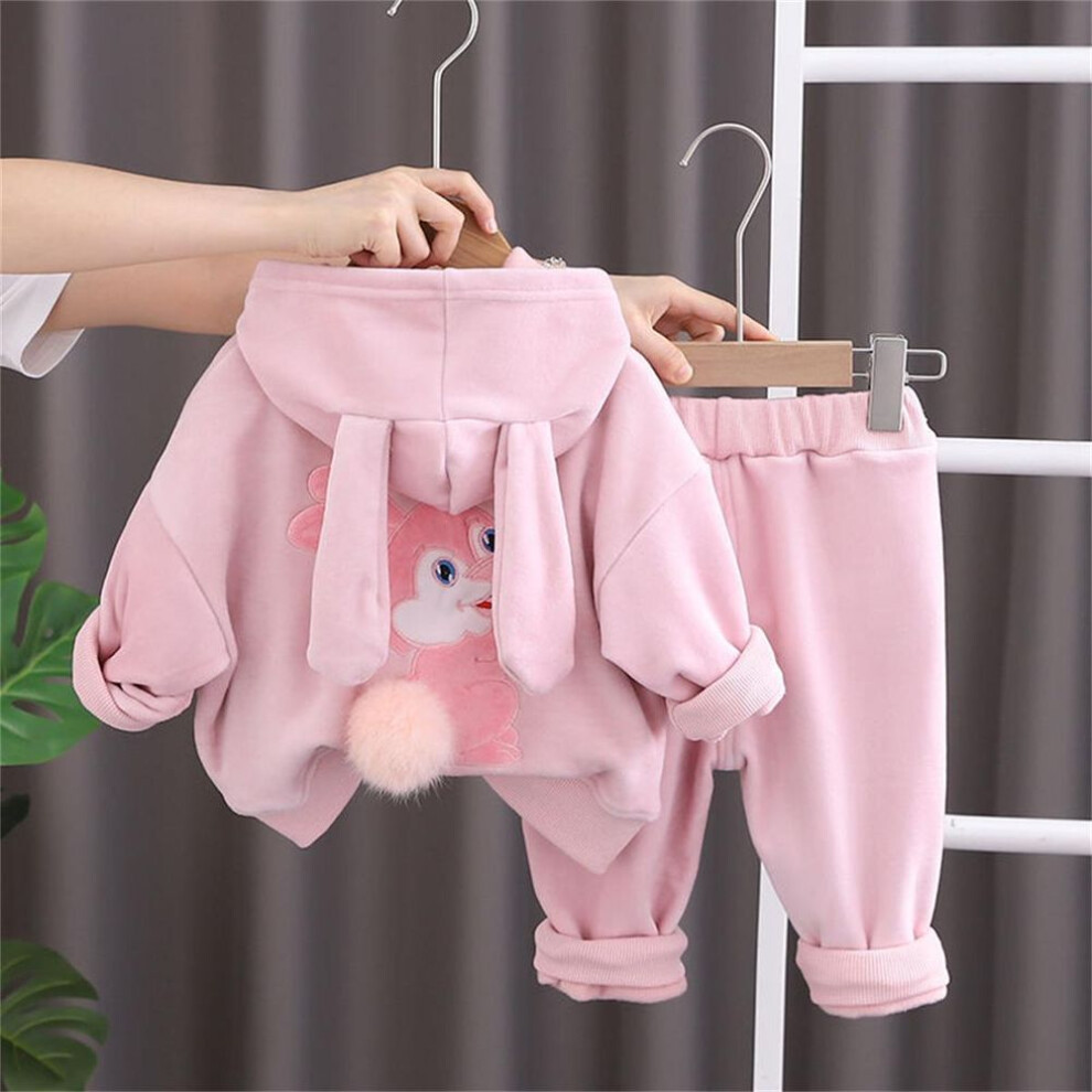 (pink, 110) Children Suits Cute Baby Girls Fleece Warm Hooded Tops + Pants Sets Kids Thick Rabbit Ear Hoodies Suits 2024 New Spring Autumn