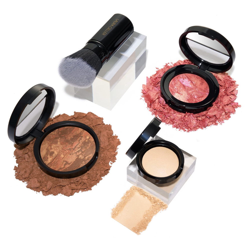 LAURA GELLER NEW YORK Daily Routine Kit 4 PC: Baked Balance-N-Brighten Foundation, Deep + Retractable Kabuki Brush + Blush-N-Brighten, Tropic Hues + O