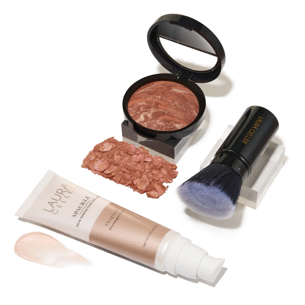 LAURA GELLER NEW YORK Ready-n-Radiant Kit 3 PC - Baked Bronze-n-Brighten, Deep + Spackle Super-Size Skin Perfecting Primer, Champagne Glow + Retractab