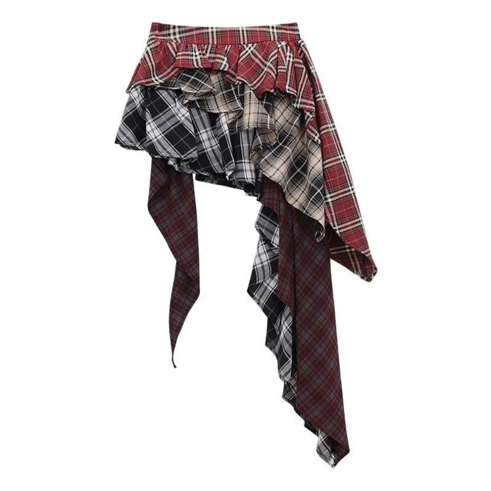 (S, red) Vintage Fashion Grunge Plaid A-line Skirts Summer Women High Street Sexy Slim Mini Skirt Asymmetrical Y2k Streetwear Clothes New