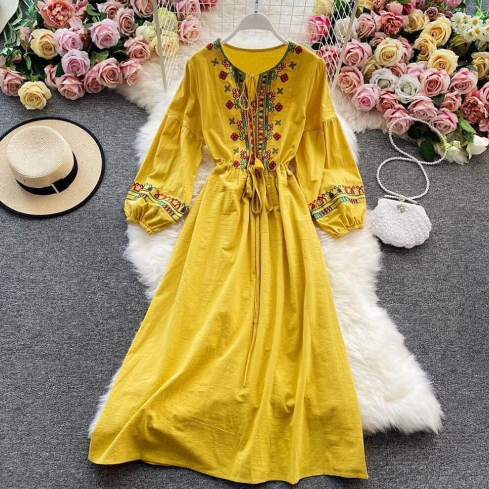 (yellow, L) National Style Elegant Beach Vacation Dress Women Embroidery Flower Print Vintage Party Midi Dresses Female Loose Retro Design Casual Clothes
