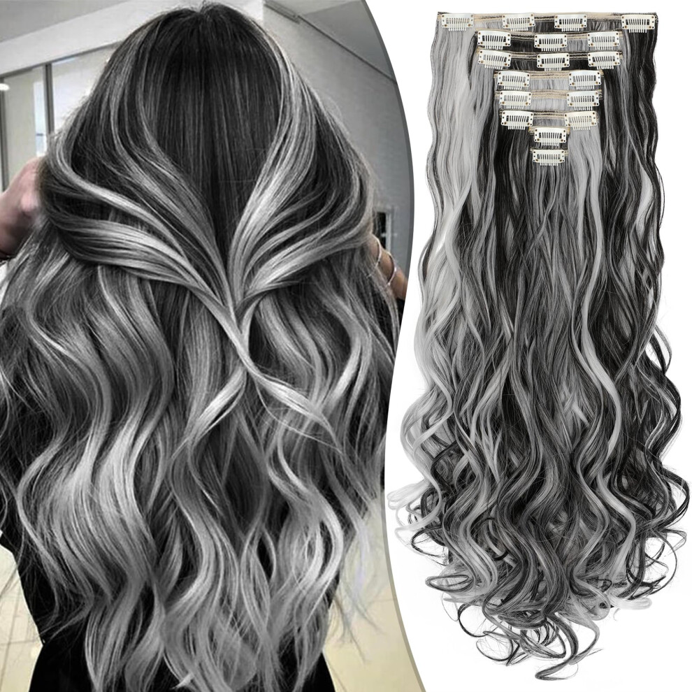 Fanguilar Clip In Hair Extensions 24 Inch 8Pcs Natural Black Mix Silver Grey Long Wavy Synthetic Hair Extensions Clip Ins Thick Double Weft Hair Clip