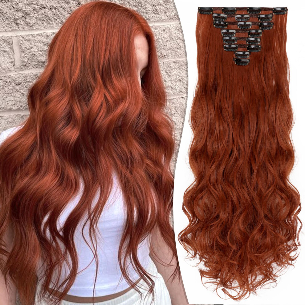 Fanguilar Clip In Hair Extensions 24 Inch 8Pcs Copper Red Long Wavy Synthetic Hair Extensions Clip Ins Thick Double Weft Hair Clip Extensions For Wome
