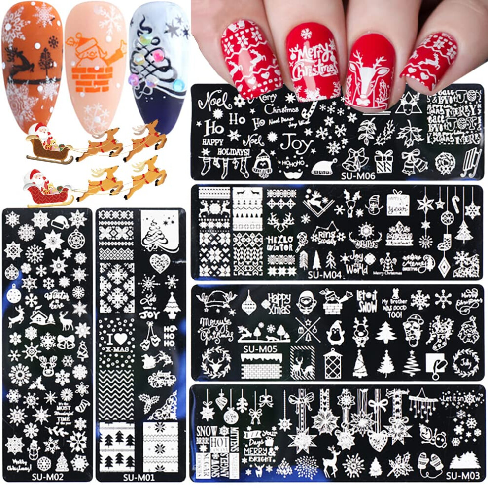 Qdsuh Christmas Nail Stamping Plates, 6Pcs Christmas Nail Stamper Kit Snowflakes Elk Xmas Tree Bell Snowman Winter Nail Art Stencils Plates Nail Manicure Te