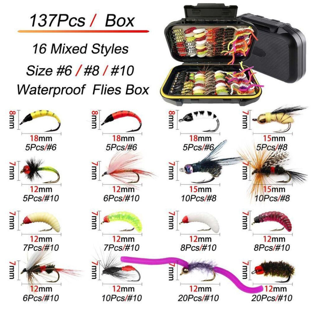 (137Pcs/Box(16 Mixed Styles)) 24-137pcs Trout Nymph Fly Fishing Lure Dry/wet Flies Nymphs Ice Fishing Lures Artificial Bait With Boxed