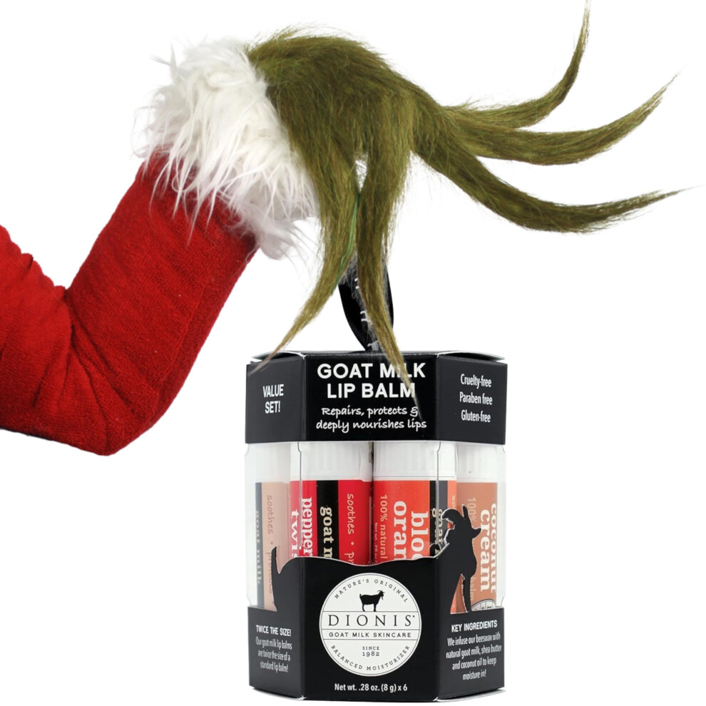 Dionis Goat Milk 6 Pc Lip Balm Ornament 2024 - Vanilla Coconut Milk & Honey Berry Peppermint & Blood Orange Scented Chapstick - Shea Butter & Coco