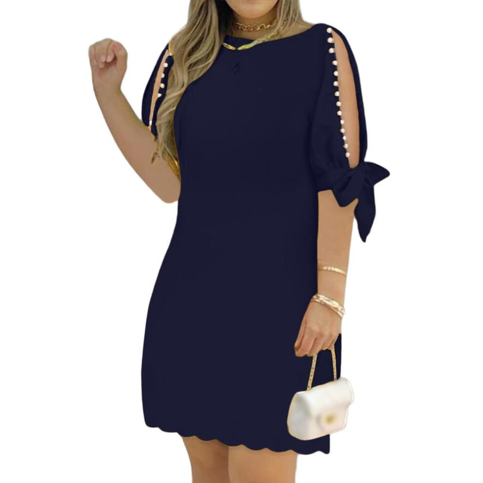 (navy blue, XXL) Womens Cold Shoulder Mini Dress Ladies Summer Pearls Beaded Loose Casual Dresses