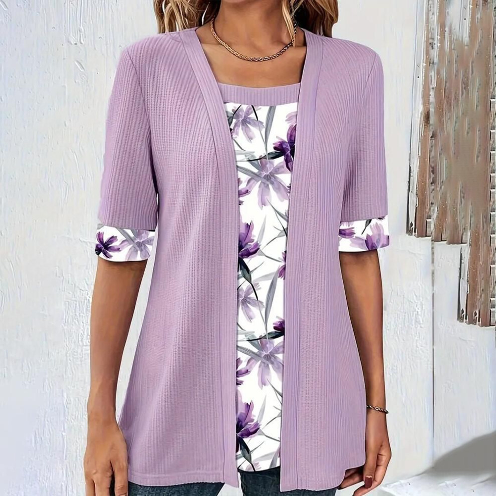 (M, light purple) Women 1/2 Sleeveless Floral Print Tops Blouse Ladies Casual Basic BOHO T-shirt Tee