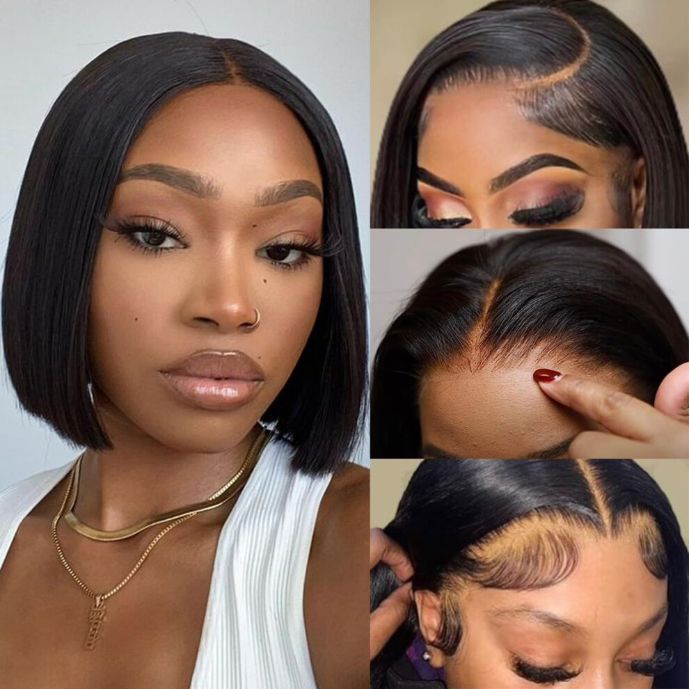 Perruque courte Bob en cheveux humains 13x4 HD transparente avec dentelle frontale, cheveux humains pré-épilés avec cheveux de bébé, perruques sa