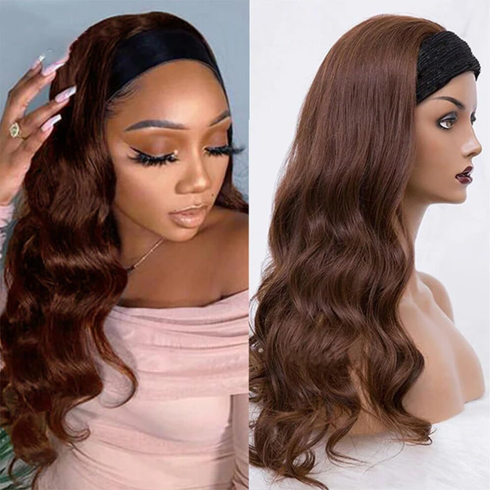 Headband Wig Human Hair Body Wave 28 Inch Chocolate Brown Glueless None Lace Front Wig Brazilian Virgin Human Hair Wigs Wear and Go Wigs for Black Wom