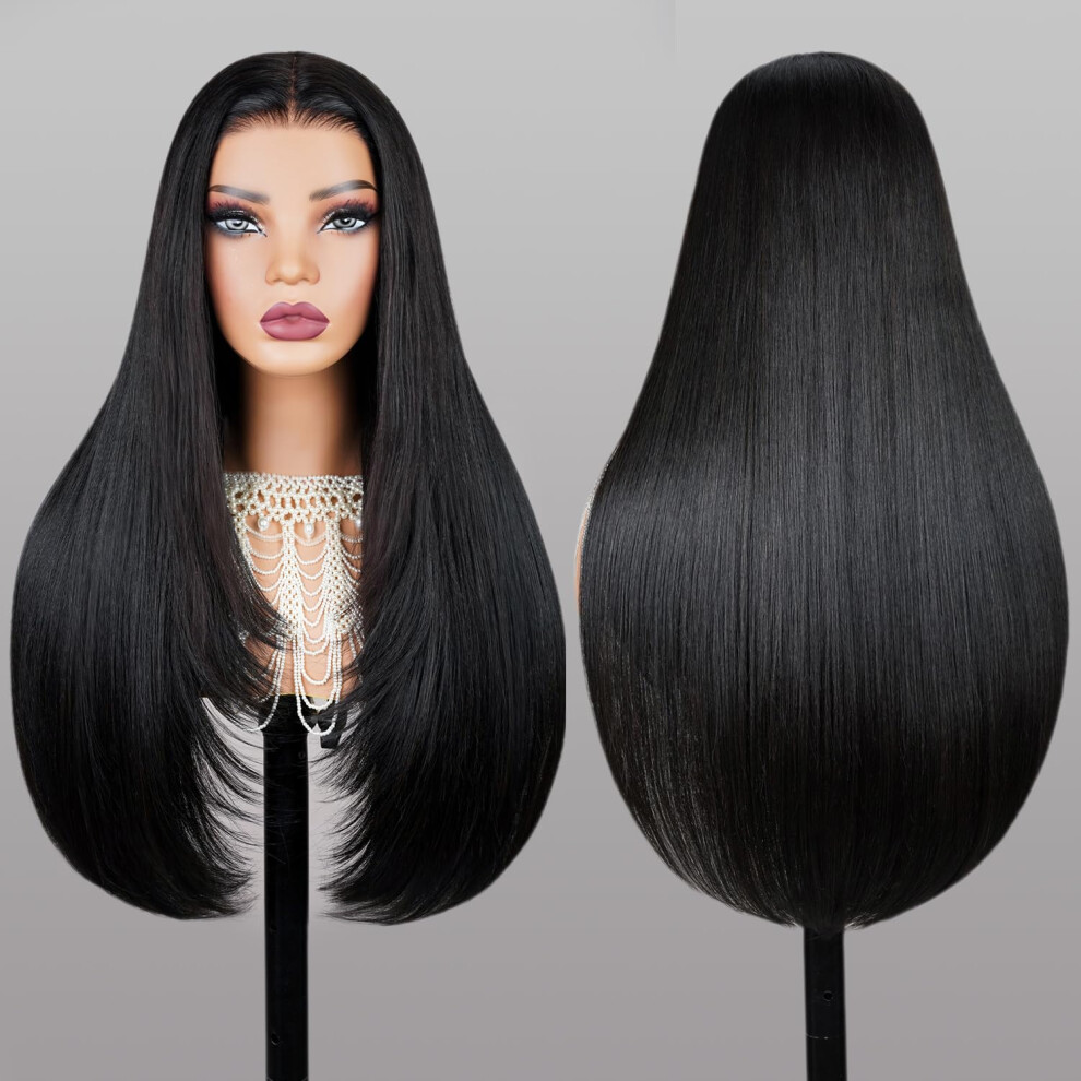 Teslal Unisex Red Blend Wigs Human Hair Glueless Wear And Go Glueless Wigs Human Hair Pre Plucked Pre Cut Laye Wig Straight 6X6 Synthetic And Human Hair Blend