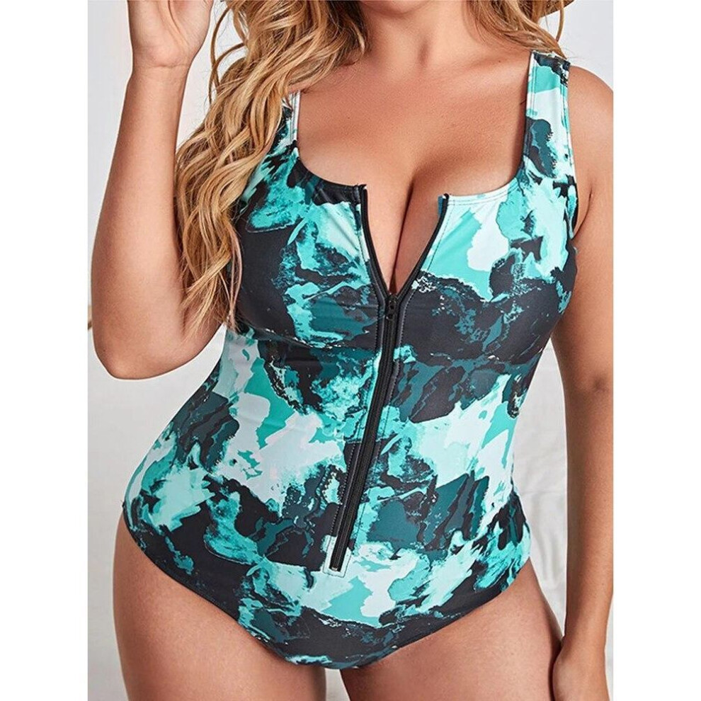 (XL, green) Plus Size Swimsuit One Piece Zipper Front Military Printing Swimsuits Woman 2024 Big Size Swimwear Bikinis