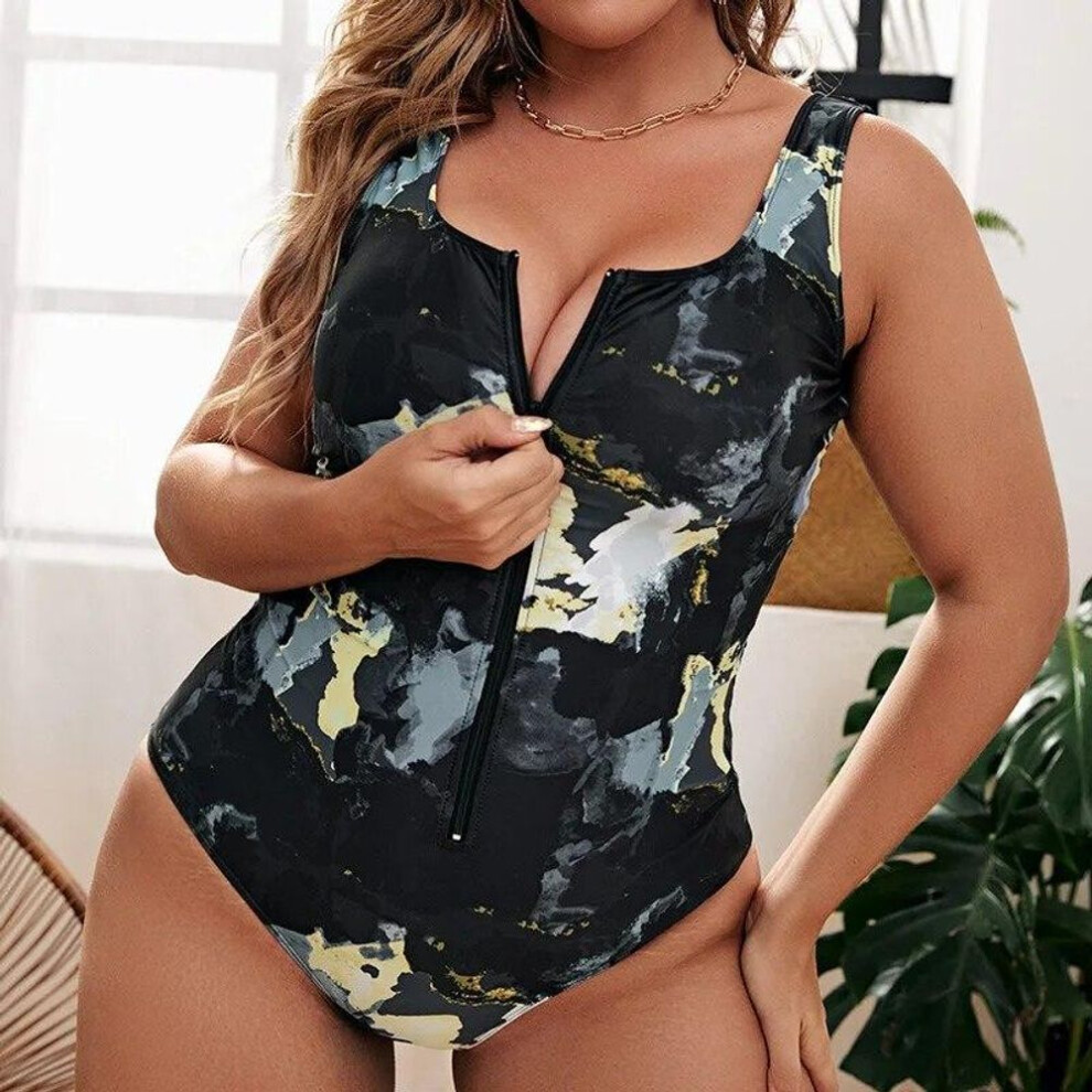 (L, black) Plus Size Swimsuit One Piece Zipper Front Military Printing Swimsuits Woman 2024 Big Size Swimwear Bikinis