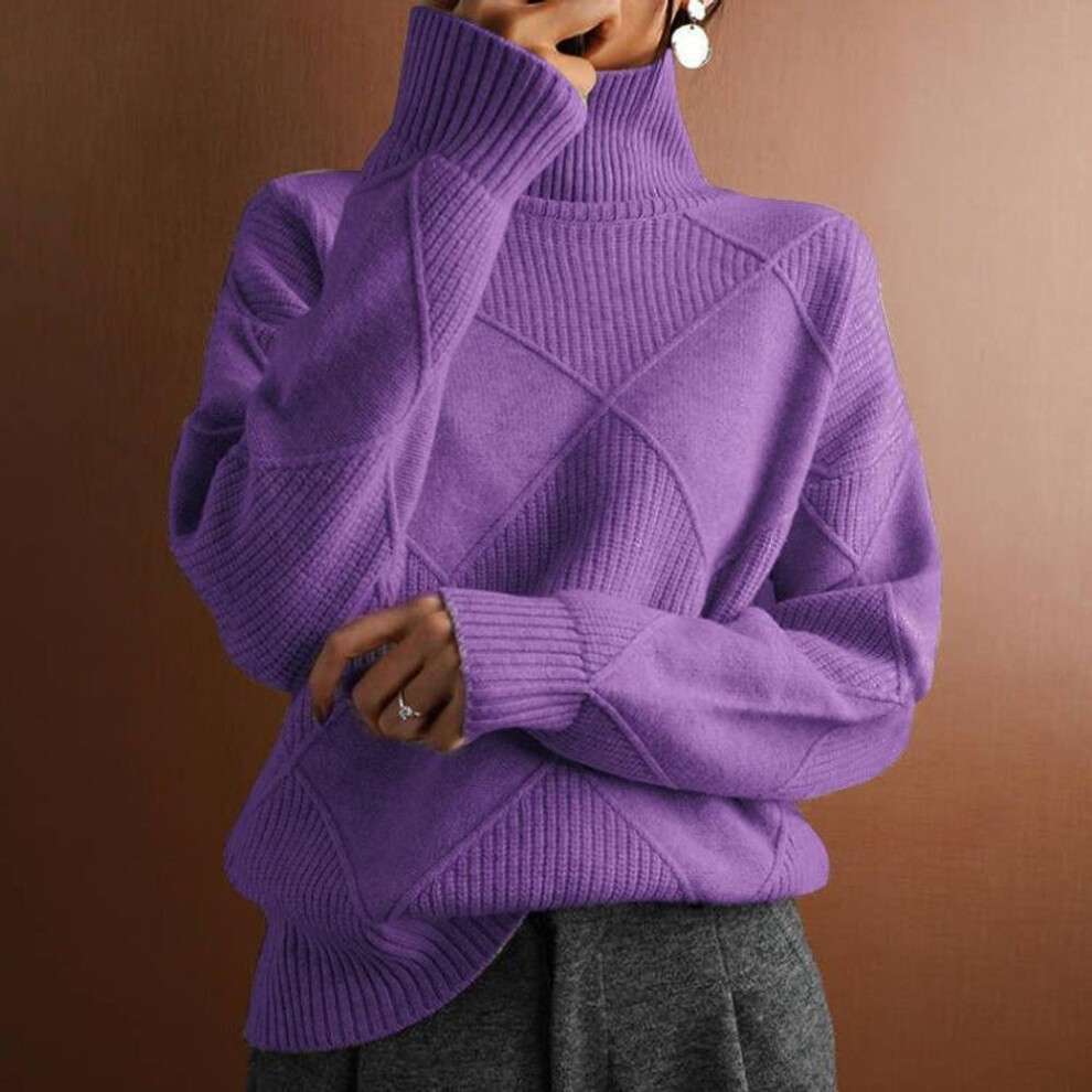 (XXL, lavender) JKASHDK Women&apos;s Fashion Casual Solid Color Print Fall Winter Long Sleeve High Neck Loose Sweaters